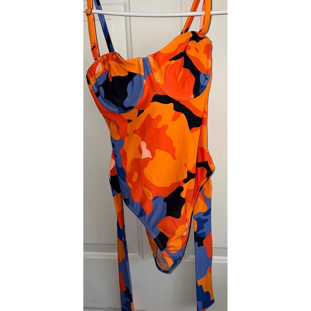 Tabitha Brown Target One Piece Swimsuit Size S Orange Blue Belted Tie Print